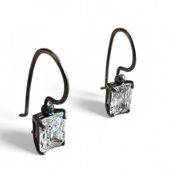 Vintage Rectangle Silver Earrings with Crystal Accents Formal Jewelry - Picture 1 of 6